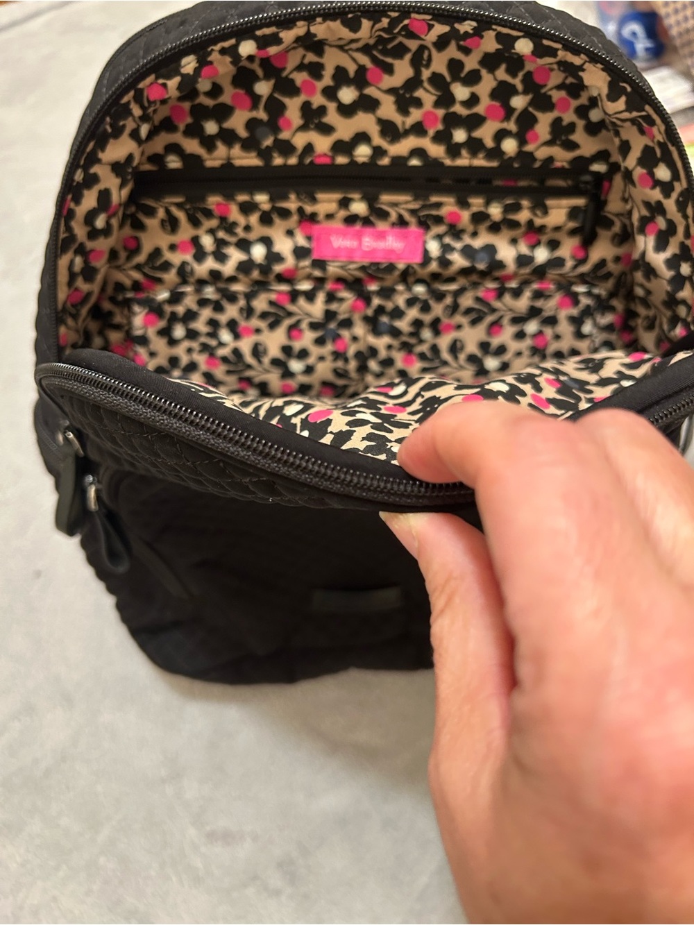 Vera Bradley Quilted Black Backpack with Floral Trim - Picture 2 of 4